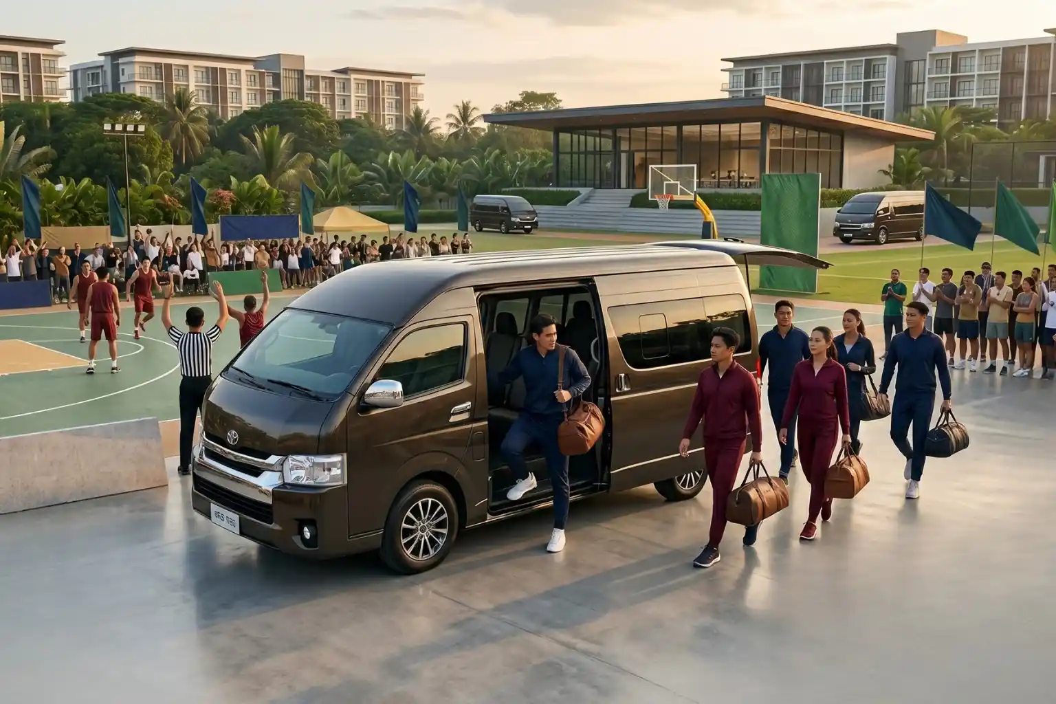A team in matching tracksuits walks away from a black van beside an outdoor basketball court with spectators.