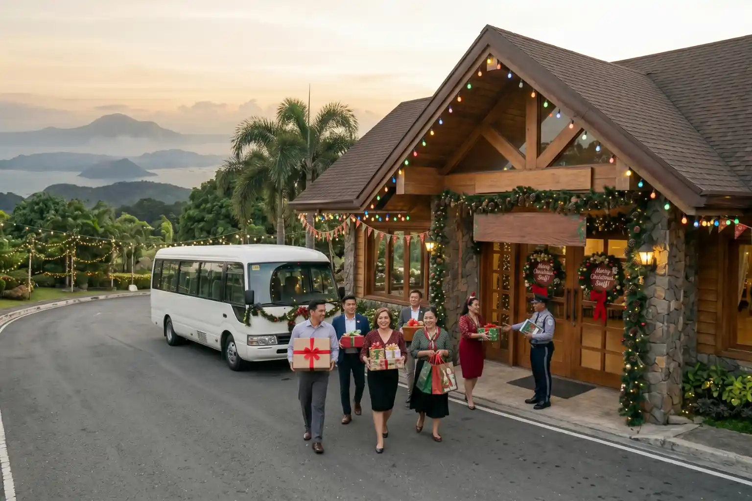 People carrying Christmas gifts walk from a white bus toward a decorated stone building entrance.