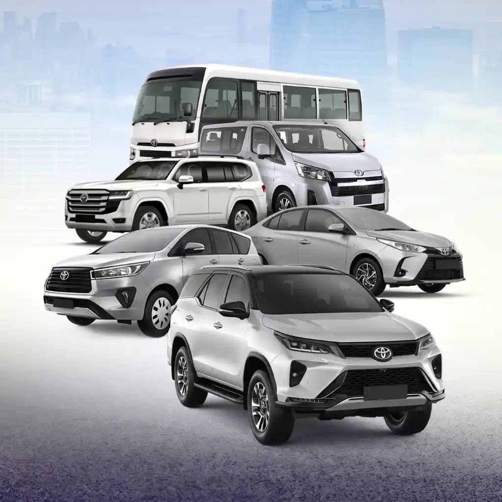 Fleet of Toyota vehicles including SUV, sedan, van, and bus on a gradient background.
