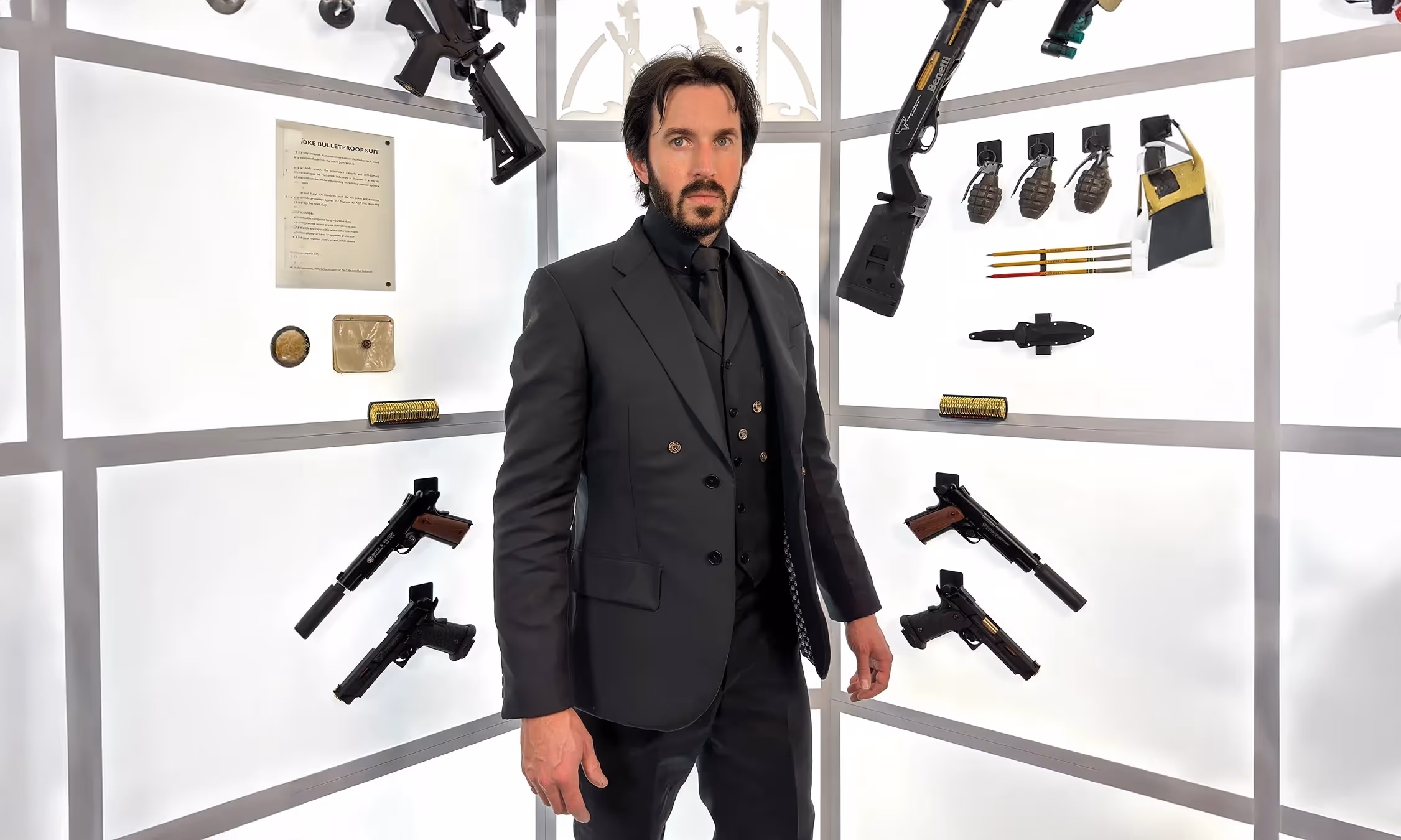 James dressed up as John Wick, wearing the Bulletproof Suit built for Hacksmith