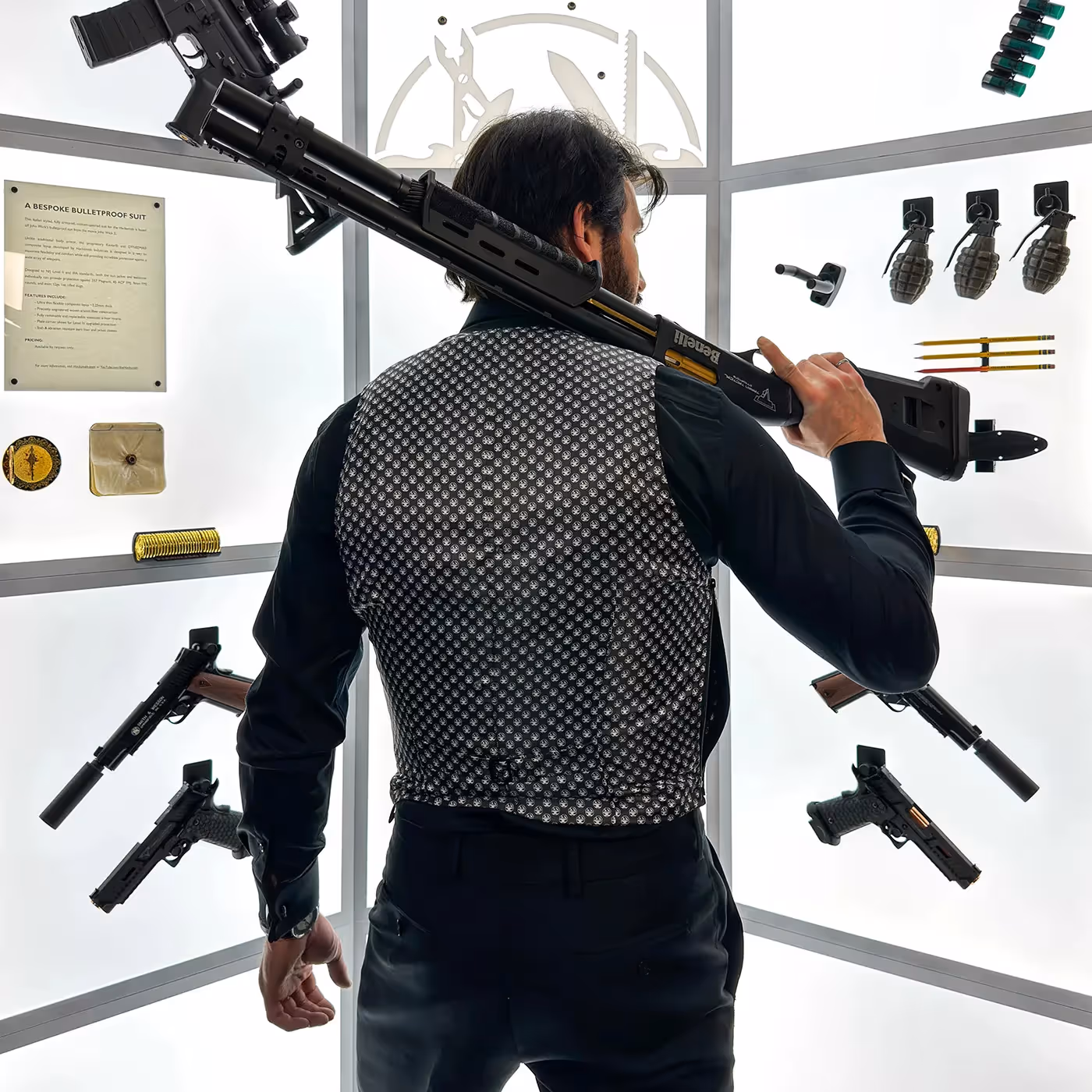 James Hacksmith wearing John Wick's bulletproof jacket, back view, holding a shotgun on his shoulder