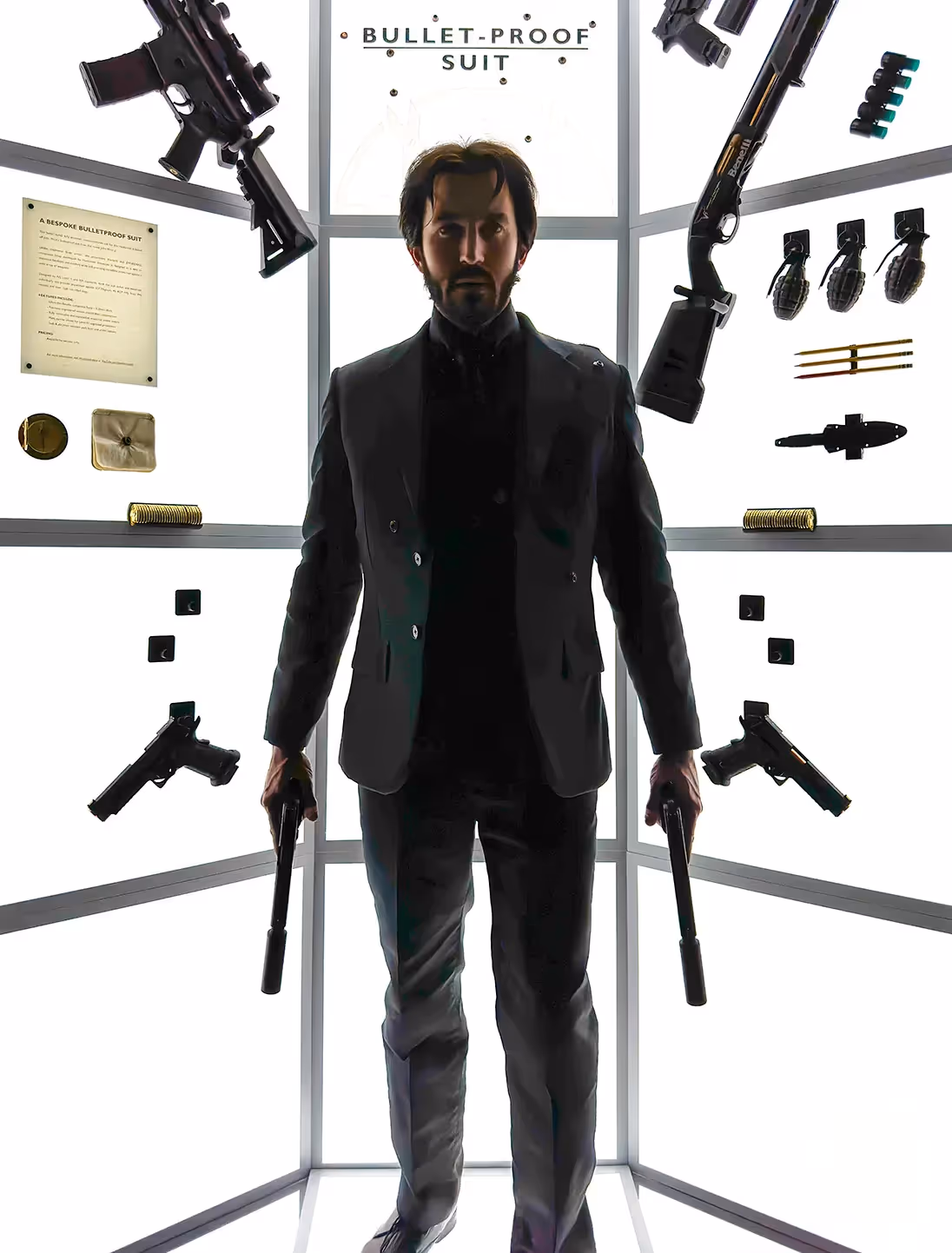 James Hacksmith wearing John Wick's bulletproof jacket, back view, holding a two guns in his hands
