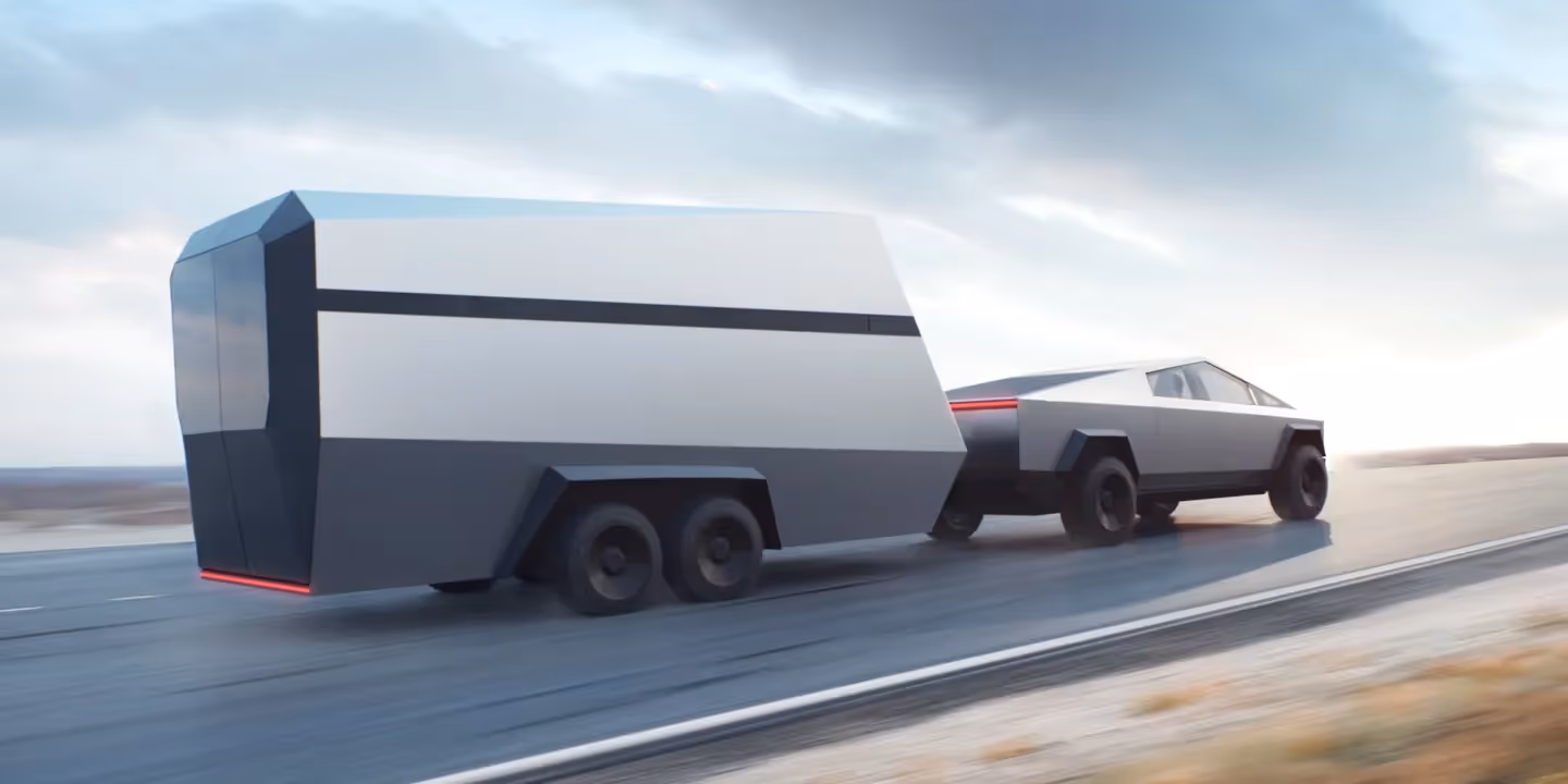 Original Cybertruck 3/4 shot with a trailer