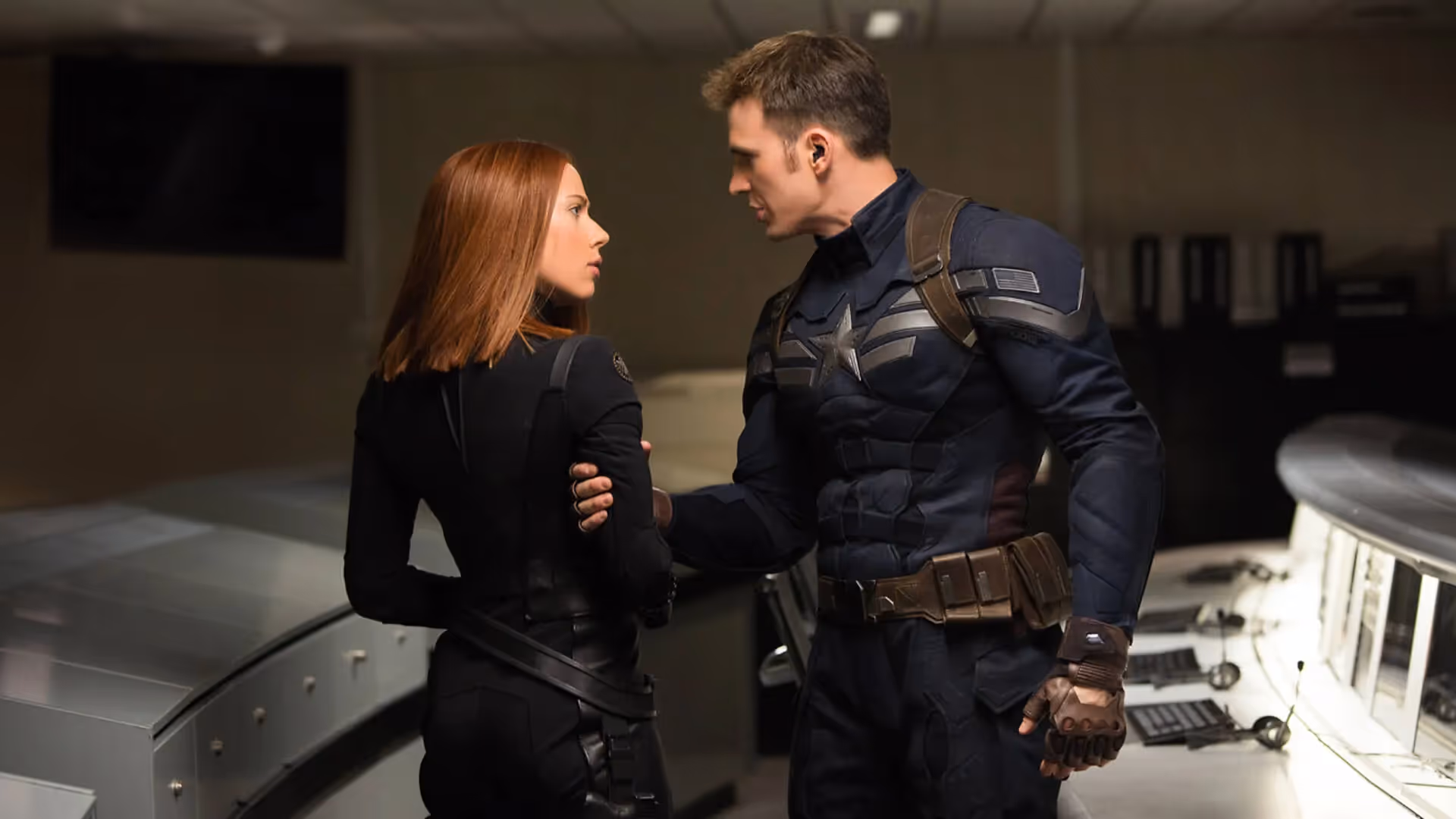 Chris Evans with Captain's America shield, Scarlett Johansson