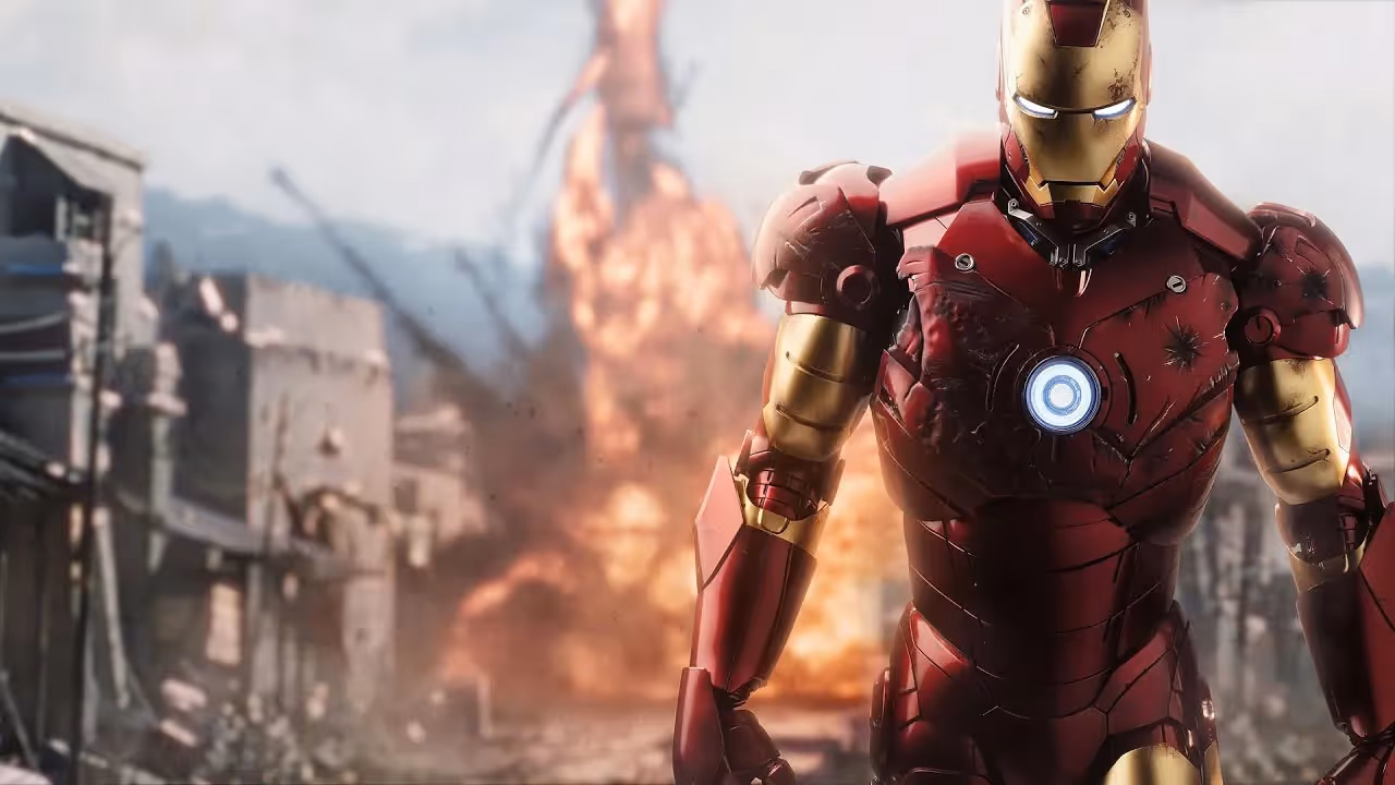 Ironman with an explosion in the back scene