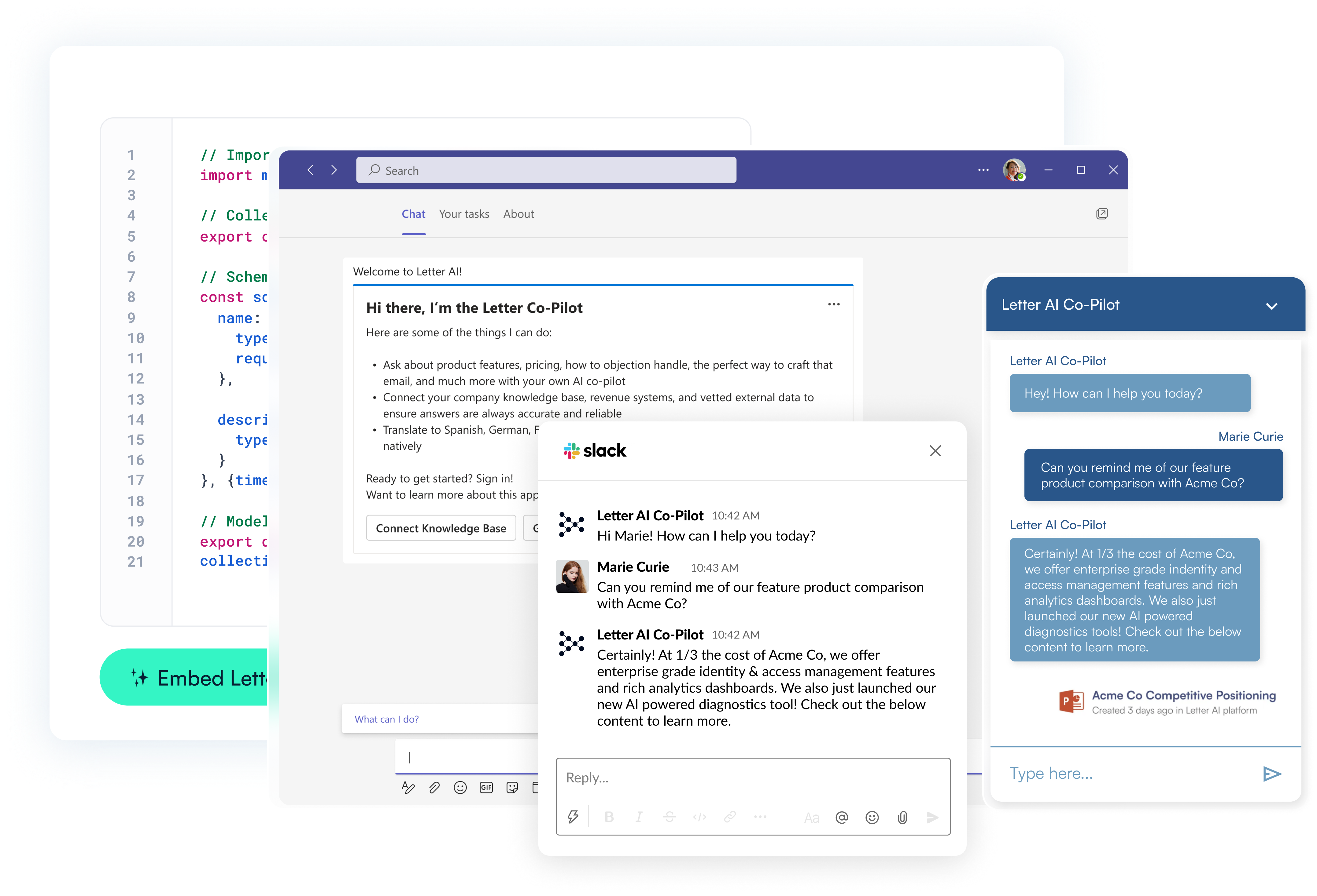 Letter AI answering questions inside Slack and Teams