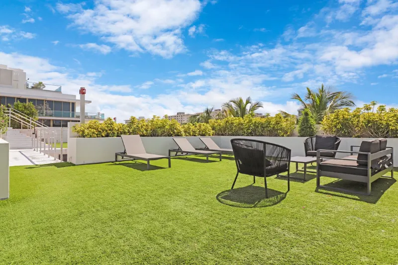 rooftop lawn with outdoor lounge furniture and palm trees at 250 collins by roami