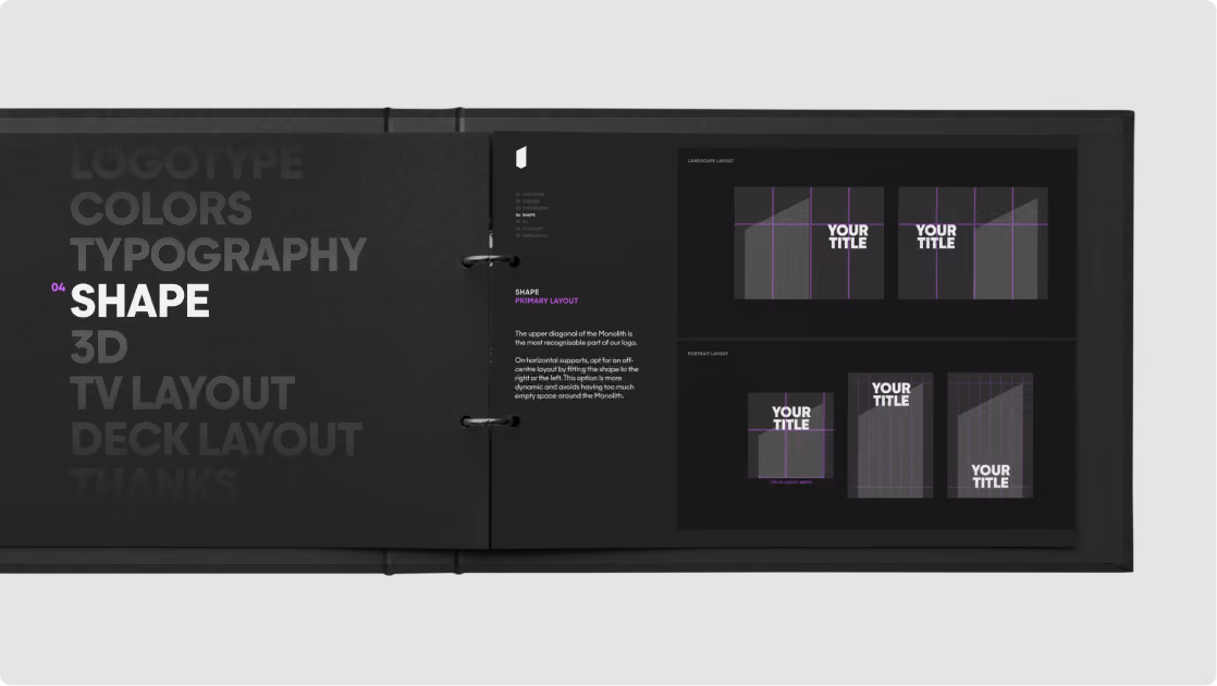 Open black booklet showing design guidelines with 'SHAPE' highlighted in a contents list on the left, and layout examples with titles 'YOUR TITLE' on the right page, illustrating primary shape layout options with grids for landscape and portrait orientations.