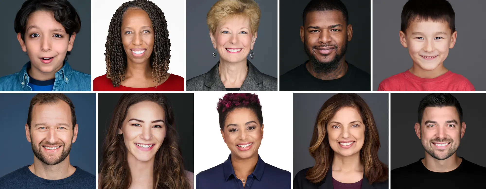A collage of 10 headshot images of men, women, abd children
