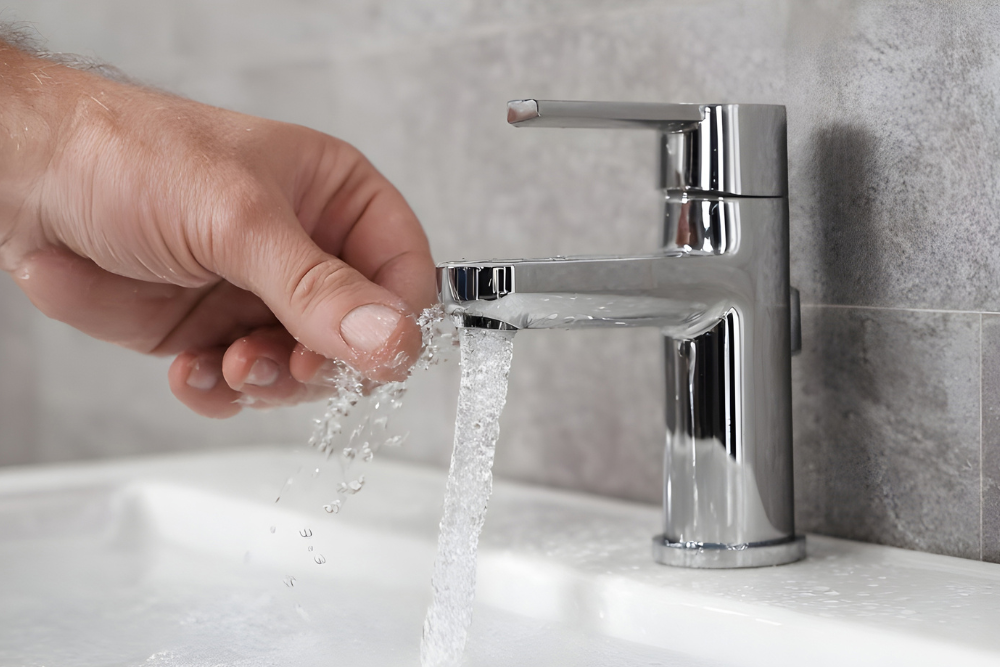 Water streaming out of a bathroom tap
