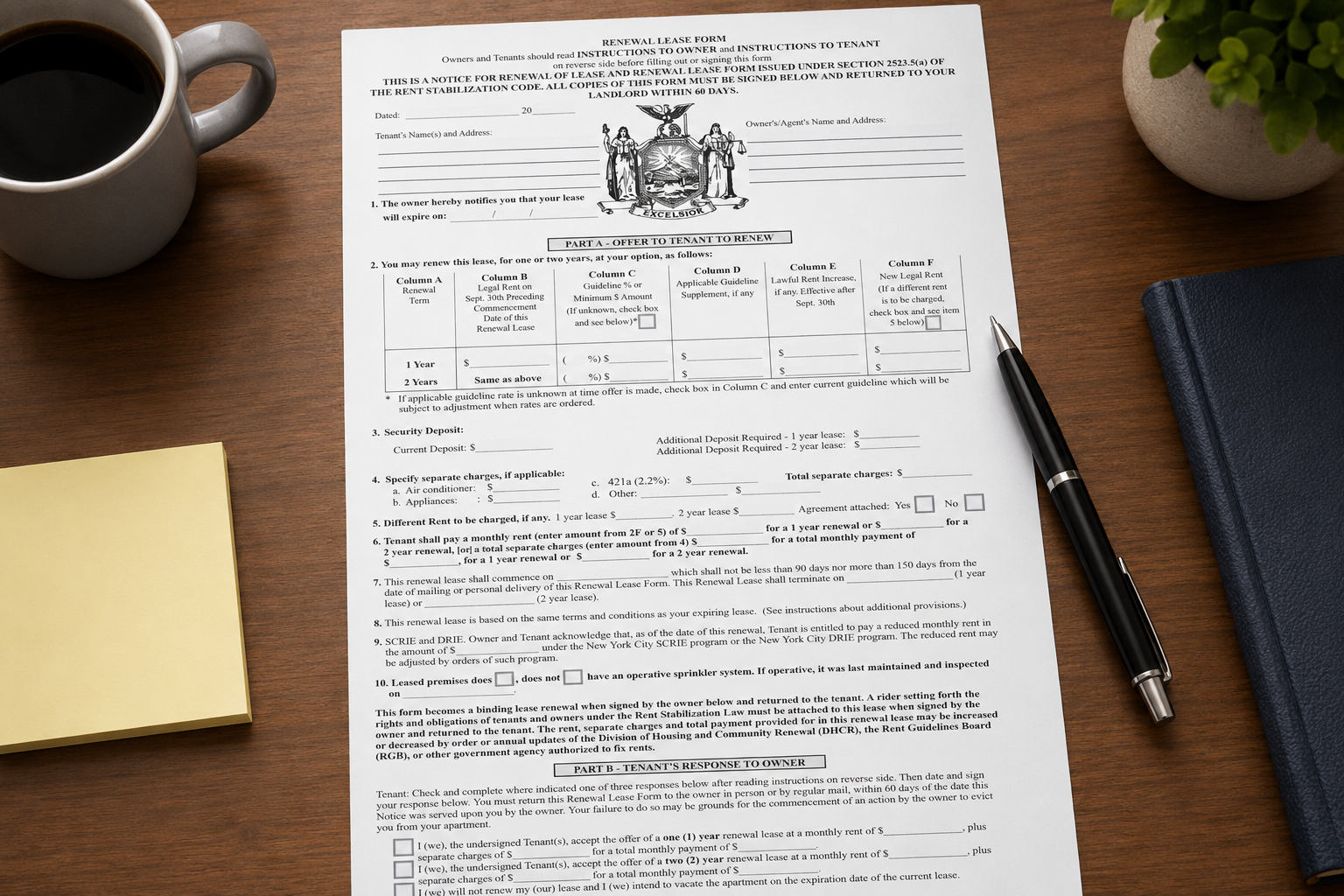 DHCR rent-stabilized renewal lease Form RTP-8 on a table at Lease Buyout Advisors