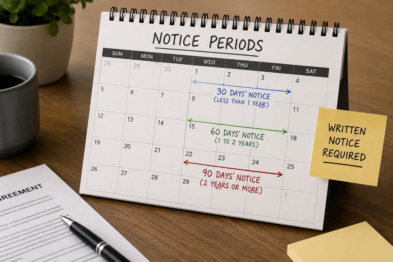 Calendar marking a lease non-renewal notice period from Lease Buyout Advisors