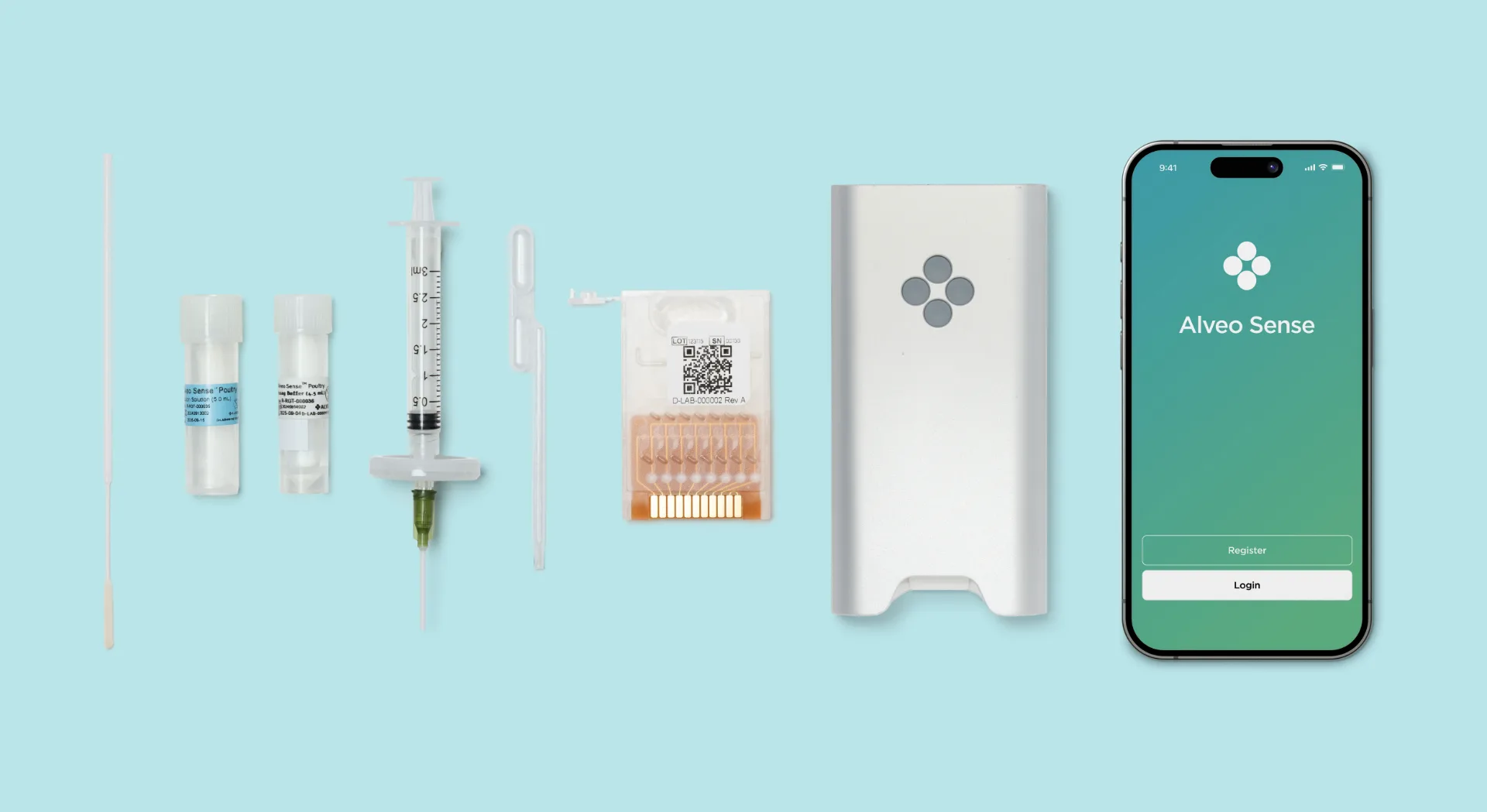 Alveo Sense Poultry test kit with swab, sample tubes, syringe, test cartridge, Alveo Analyzer and the Alveo Sense app on a smartphone