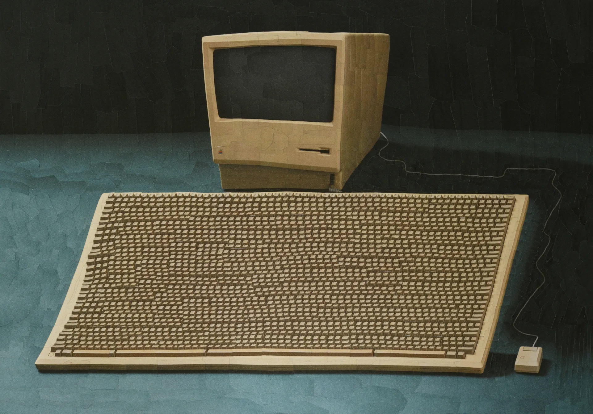 A collage artwork representing an ol computer with a big keyboard