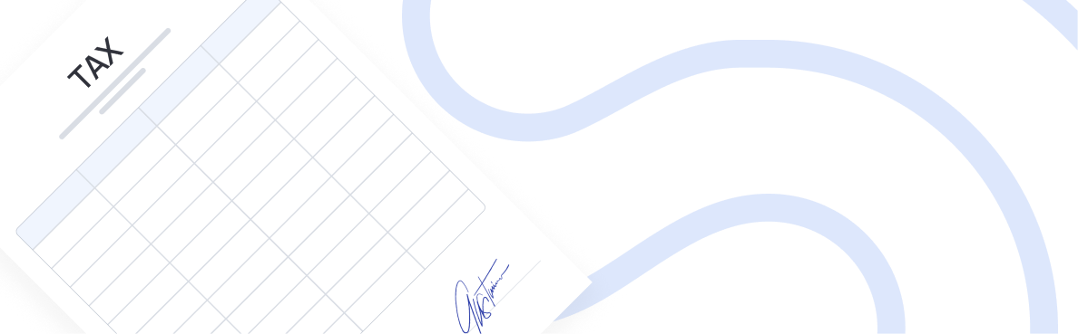 Image illustrating a document titled 'TAX' featuring a small blue bank icon and a tabular grid layout, set against a background of abstract light blue curved lines