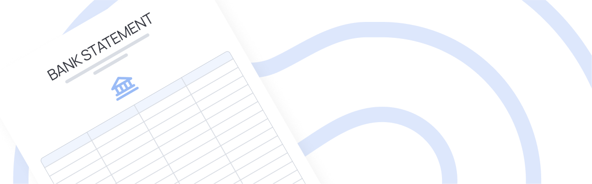 Image illustrating a document titled 'BANK STATEMENT' featuring a small blue bank icon and a tabular grid layout, set against a background of abstract light blue curved lines