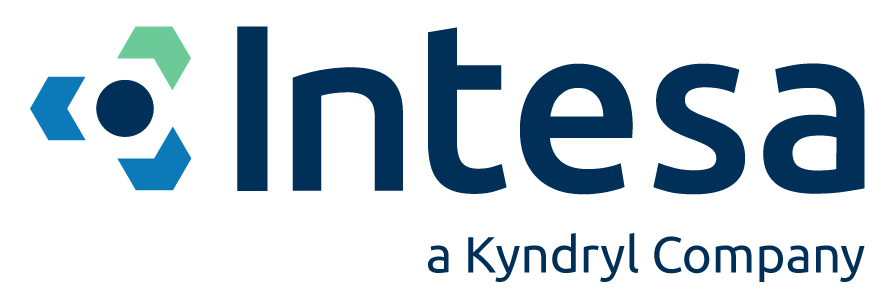 Image illustrating the Intesa logo, featuring a geometric icon on the left with green and blue shapes, followed by the brand name 'Intesa' in bold dark blue letters and the tagline 'a Kyndryl Company' in smaller text below