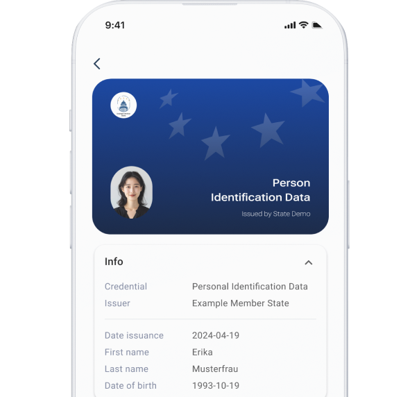 Image illustrating a mobile phone screen displaying a digital wallet credential, specifically a detailed view of a 'Person Identification Data' card