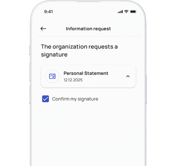Image illustrating a mobile phone screen displaying an 'Information request' interface stating 'The organization requests a signature', specifically for a 'Personal Statement'