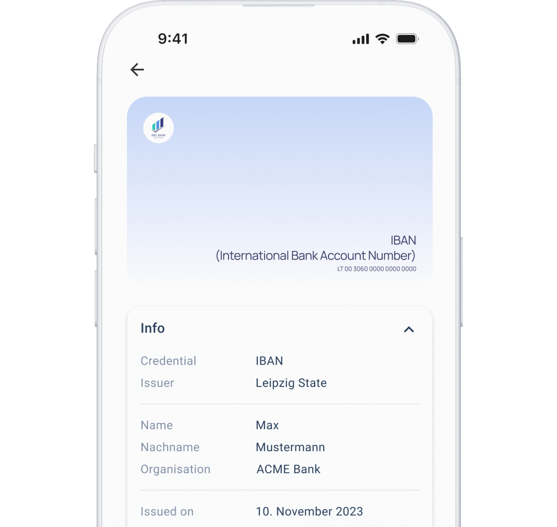 Image illustrating a mobile phone screen displaying a digital wallet credential, specifically a detailed view of an 'IBAN' (International Bank Account Number)