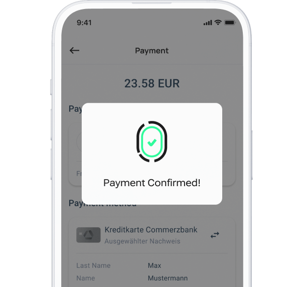 Image illustrating a mobile phone screen displaying a 'Payment Confirmed!' pop-up window with a green checkmark icon, overlaid on a payment details screen showing a transaction