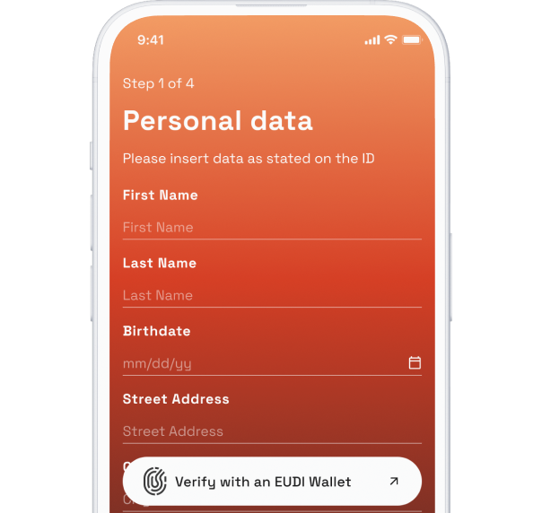 Image illustrating a mobile phone screen displaying a 'Personal data' form (Step 1 of 4), specifically requesting manual entry for user data