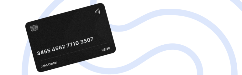 Image illustrating a black payment card featuring a chip, a contactless symbol, and card details for a user, set against a background of abstract light blue curved lines