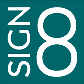 Image illustrating the SIGN8 logo, featuring a dark teal square background with the word 'SIGN' written vertically (reading from bottom to top) in white next to a large white number '8'