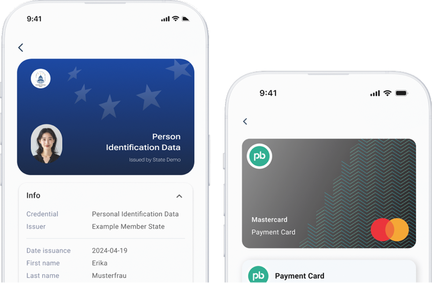 Image illustrating two mobile phone screens displaying digital wallet credentials, specifically a European Person Identification Data card