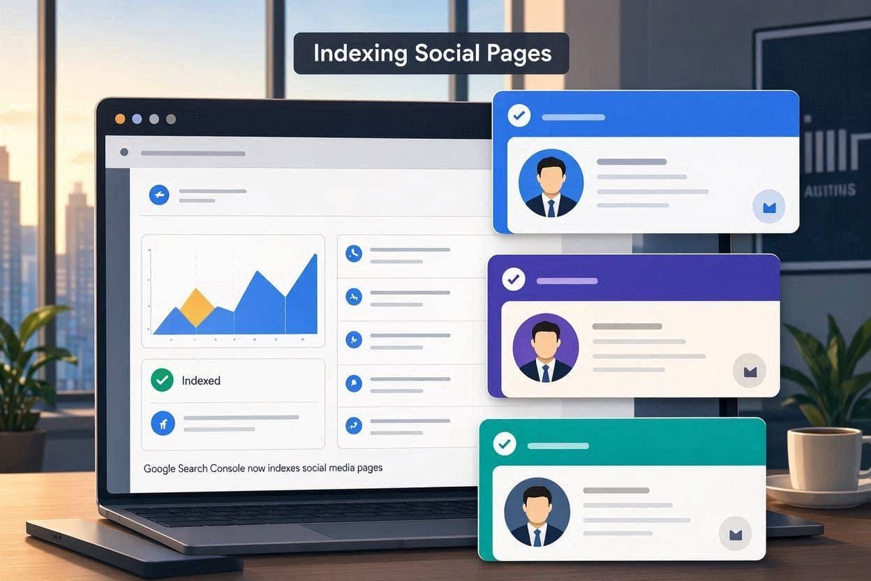 Google Search Console now indexes social media pages, shown as an indexed dashboard next to social profile cards