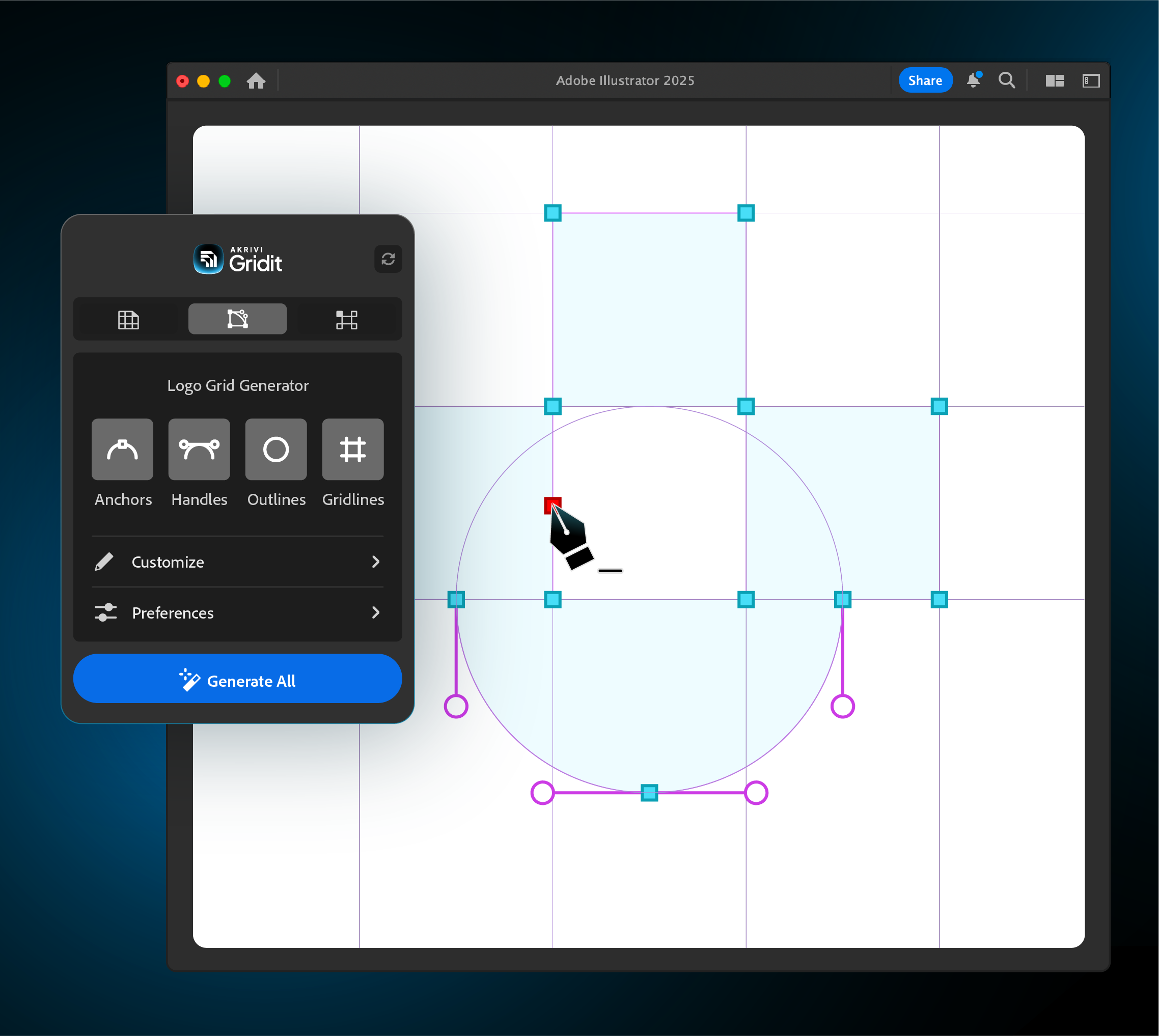 Gridit Logo Grid Generator Adobe Illustrator plugin generating construction grid - anchors, handles, outlines and gridlines.