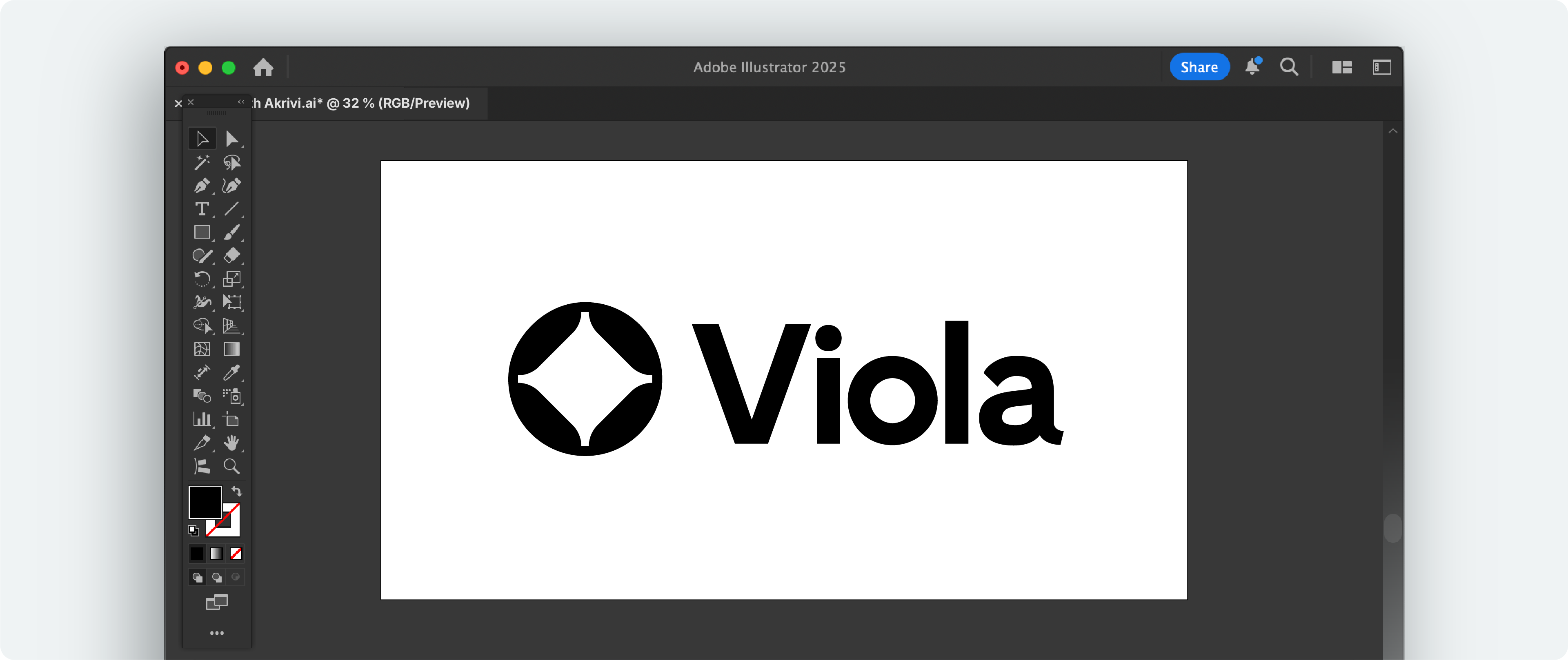 A completed logo in Adobe Illustrator, grouped and selected for final grid refinement.