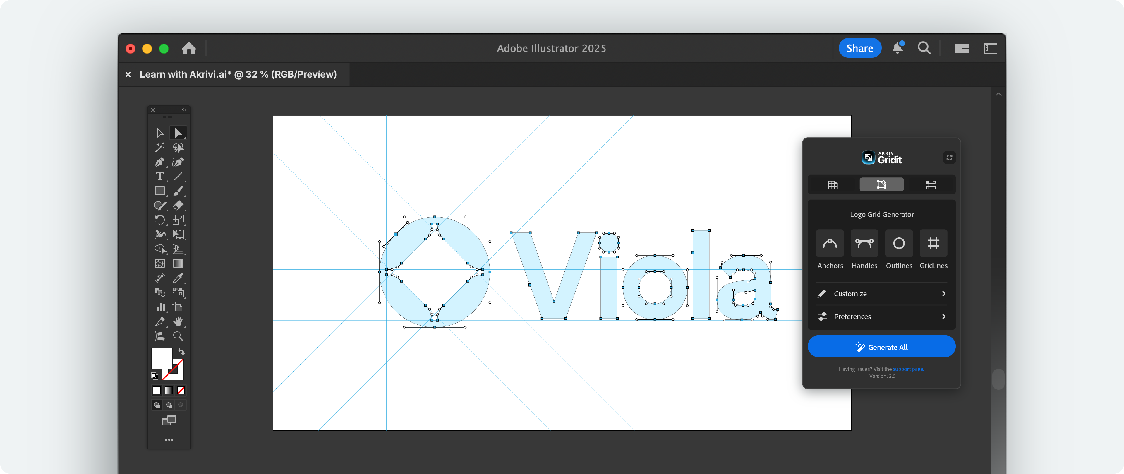 A logo in Illustrator overlaid with a construction grid, showing detailed vector paths, anchor points, and gridlines.