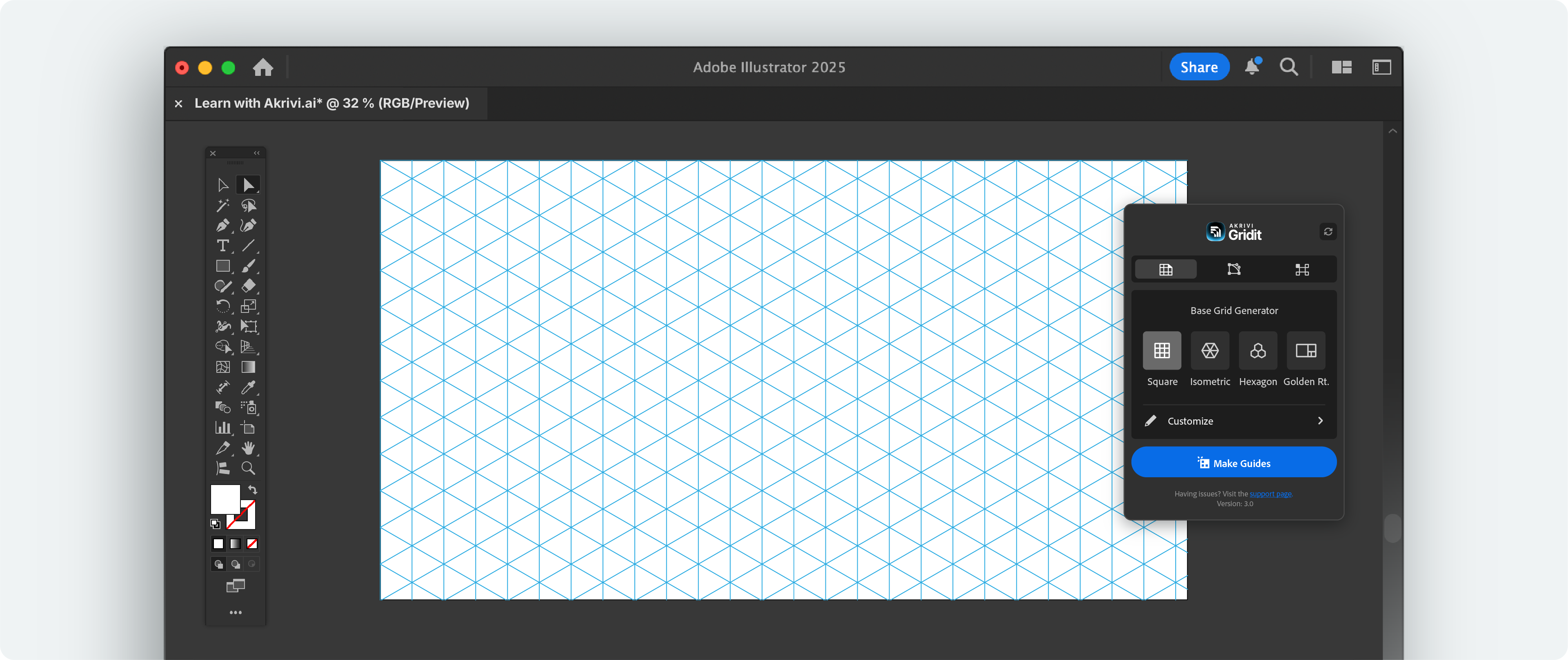 Adobe Illustrator screenshot showing a blue isometric grid generated by the Akrivi Gridit Base Grid Generator panel.
