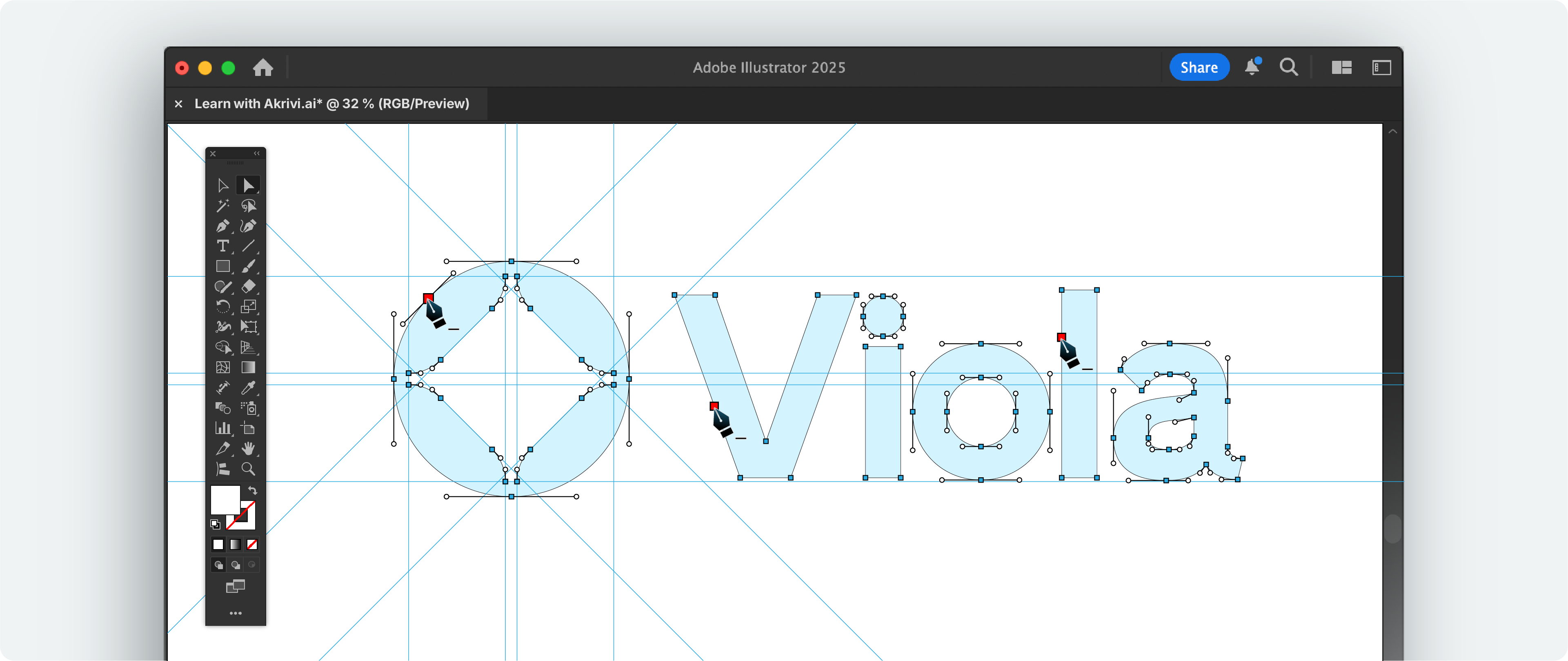 Close-up of a logo's curve on a construction grid, highlighting the precision of anchor point adjustments.