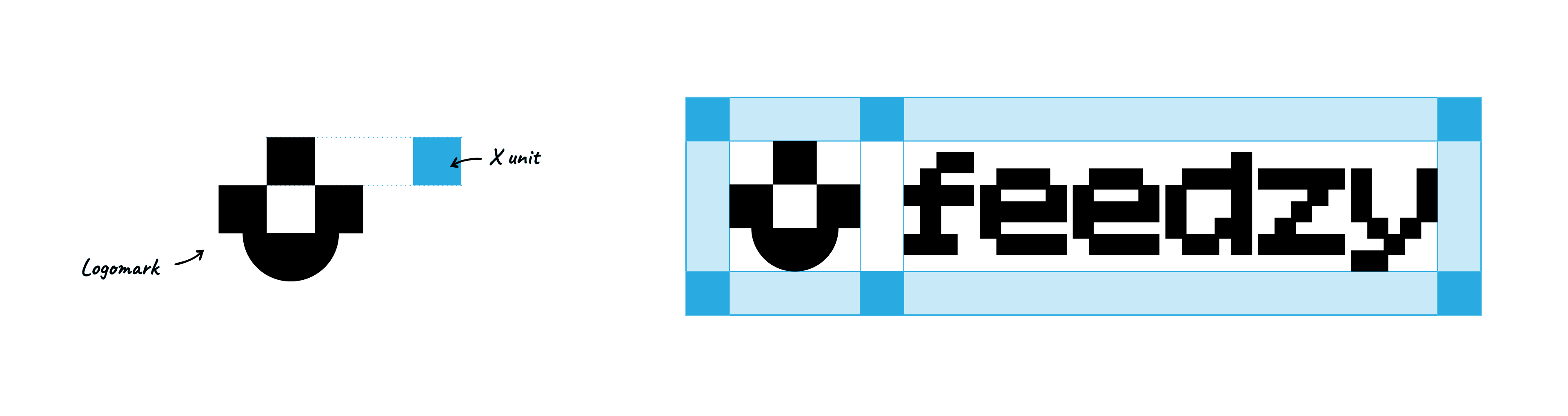 The 'Feedzy' logo demonstrating how a part of its logomark is used as an 'X-unit' to define the logo's clear space.