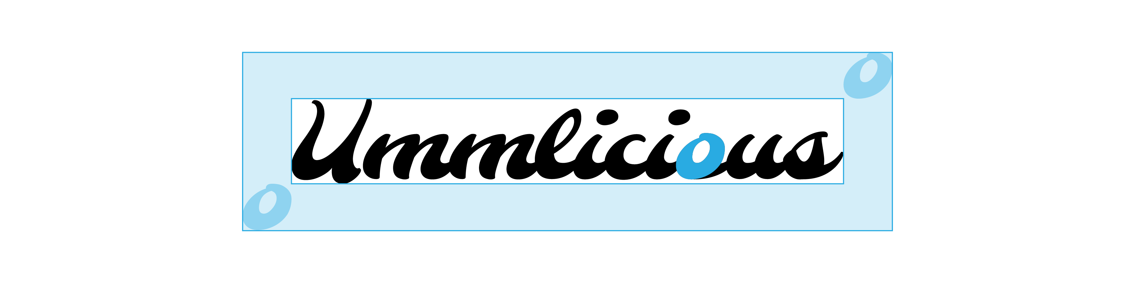 Example of clear space for the 'Ummlicious' script logo, where the spacing unit is taken from a circular part of a letter.