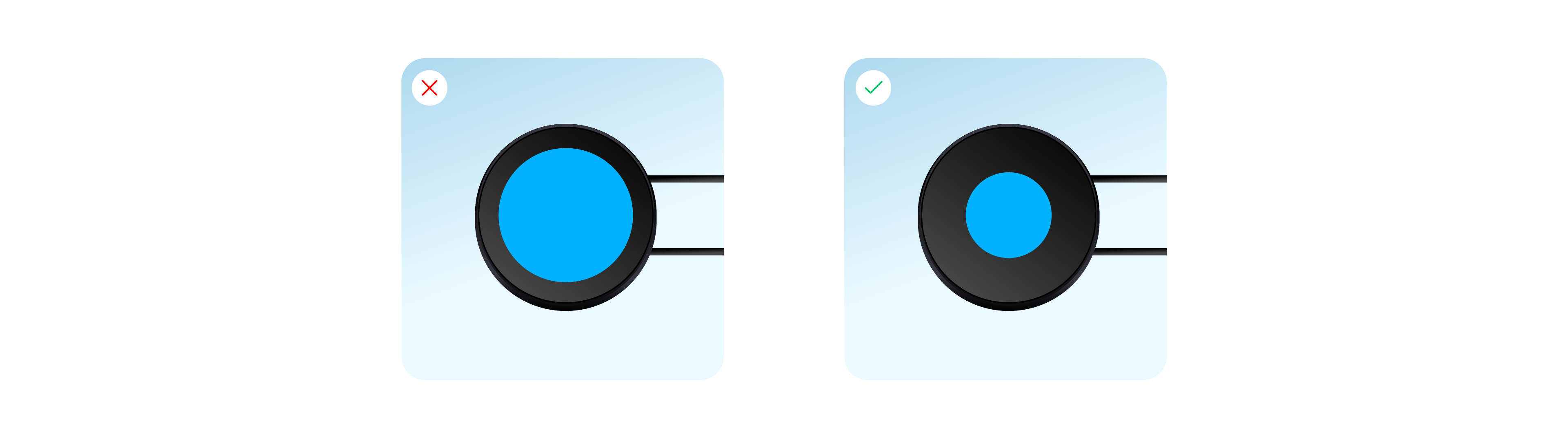 Comparison of optical balance in a logo icon. An incorrect, oversized blue circle on the left versus a correct, visually balanced blue circle on the right.