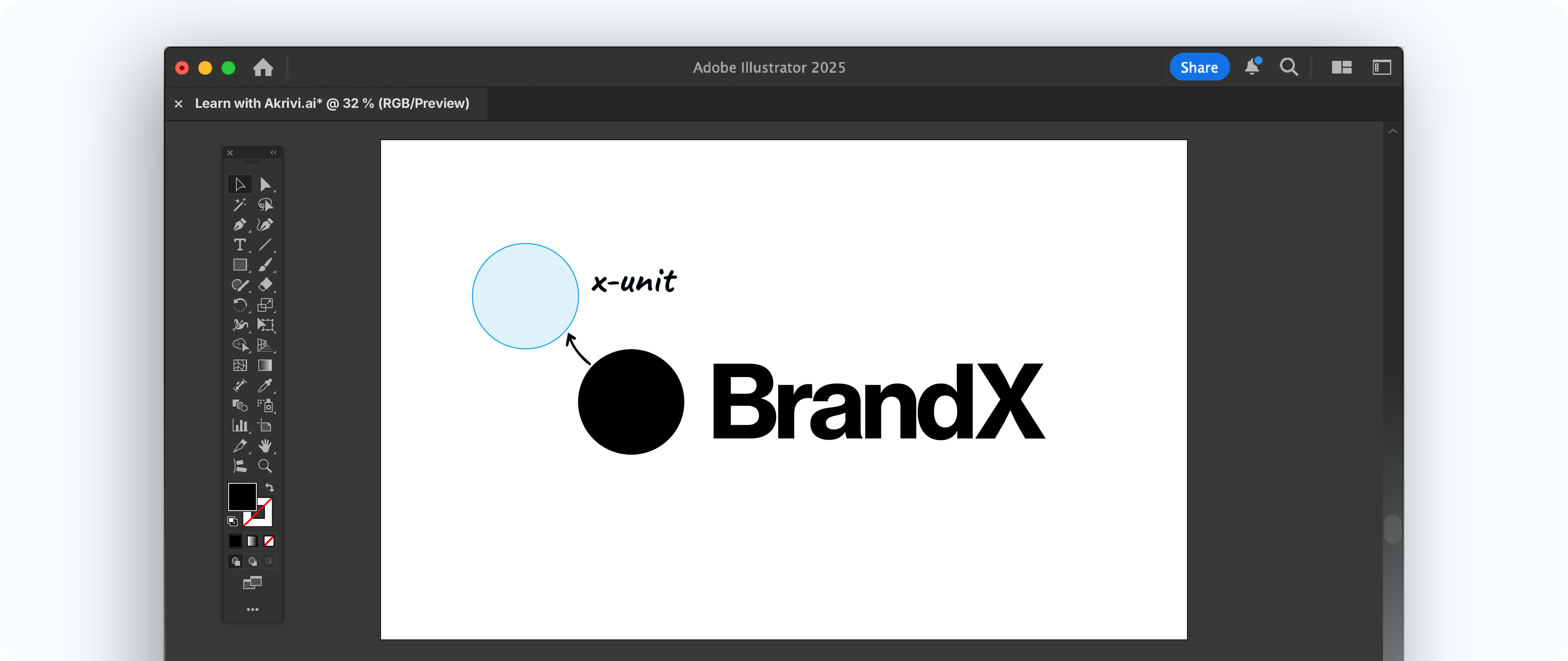 An Adobe Illustrator screenshot showing the 'x-unit' for a logo grid system being created from the circular logomark of the "BrandX" logo.