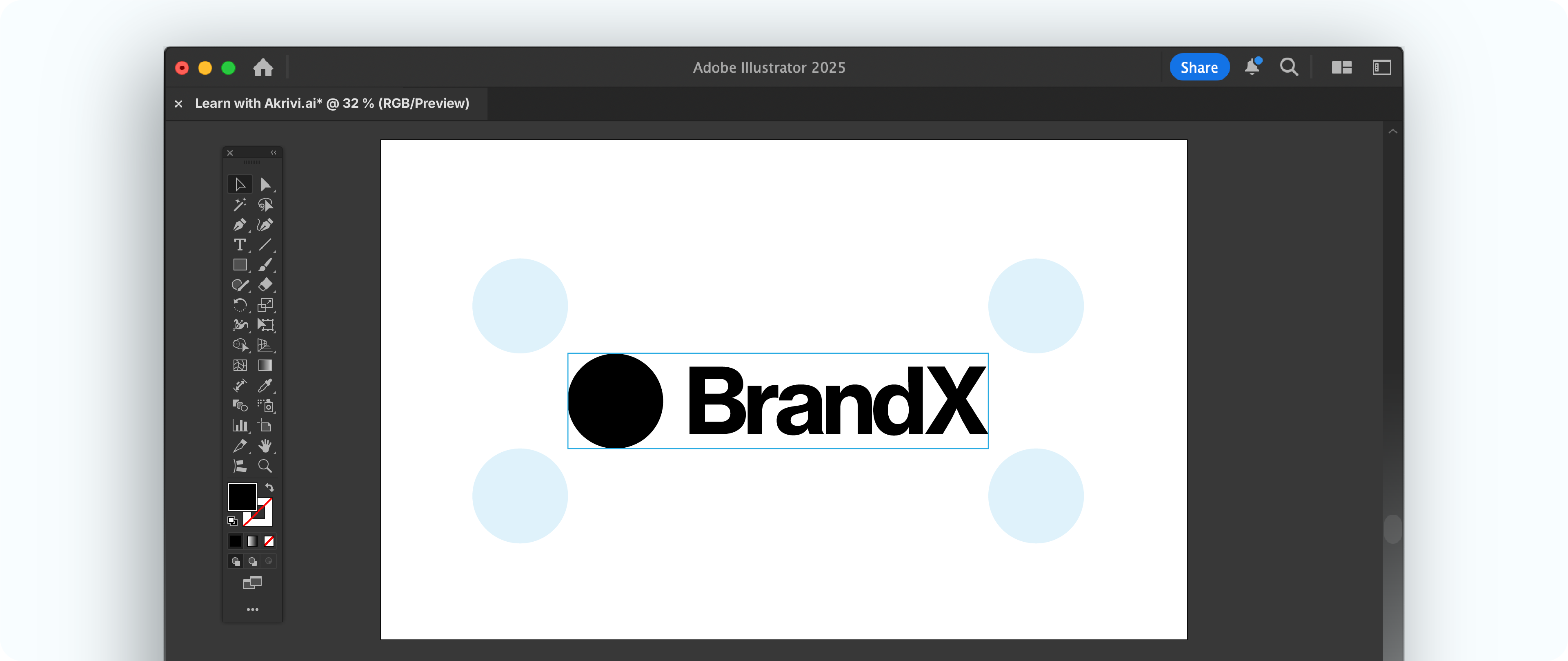 The "BrandX" logo in Adobe Illustrator with its clearspace being defined by placing four 'x-unit' circles at its corners.
