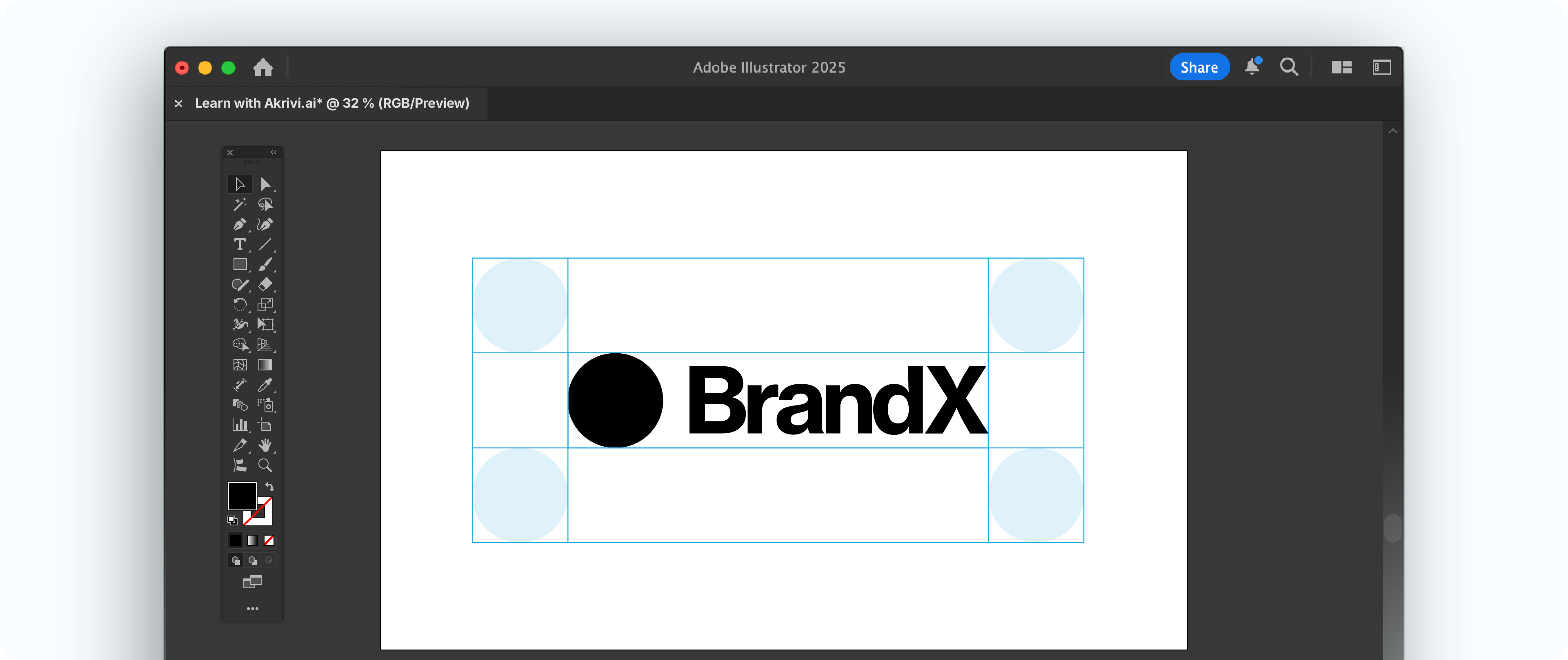 A clearspace grid for the "BrandX" logo in Adobe Illustrator, showing the final exclusion zone created from the 'x-unit' circles.