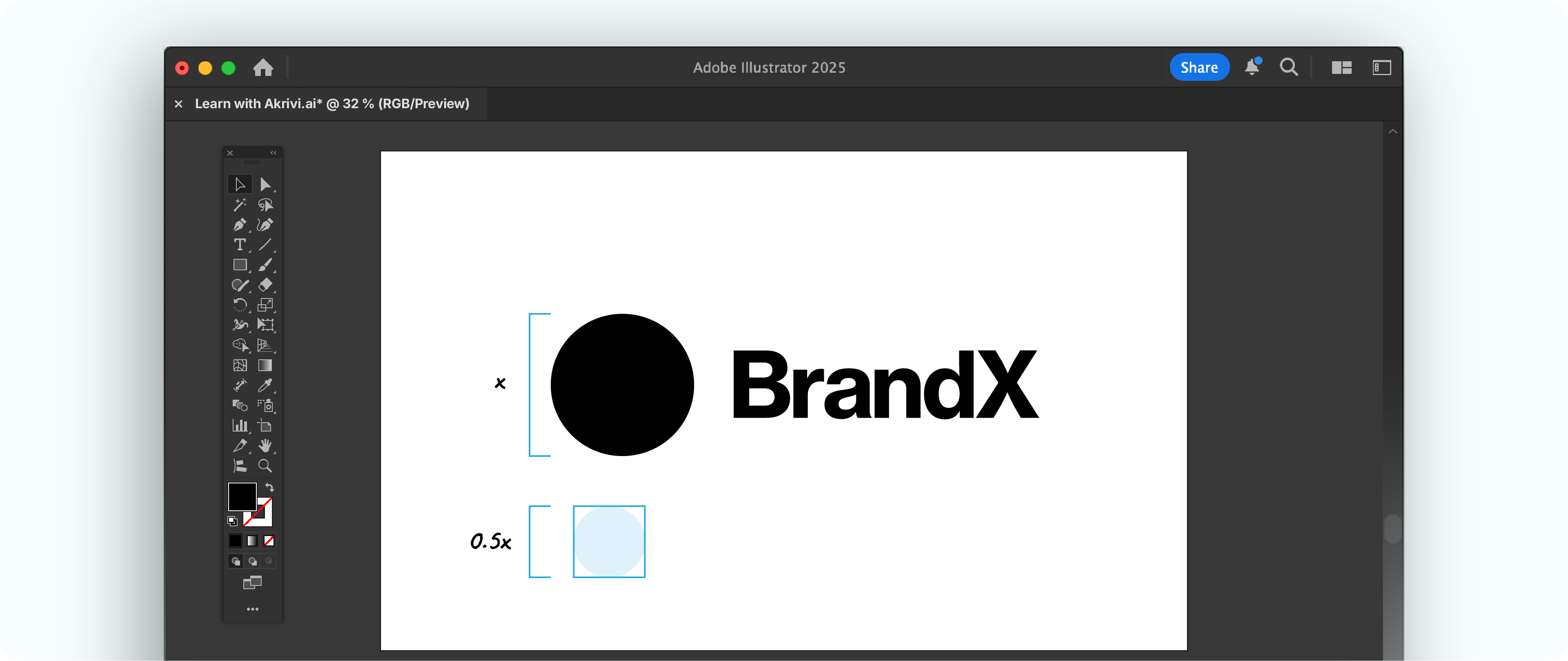 An Adobe Illustrator screenshot showing how a proportional '0.5x' clearspace unit is calculated from the 'x' height of the "BrandX" logo.