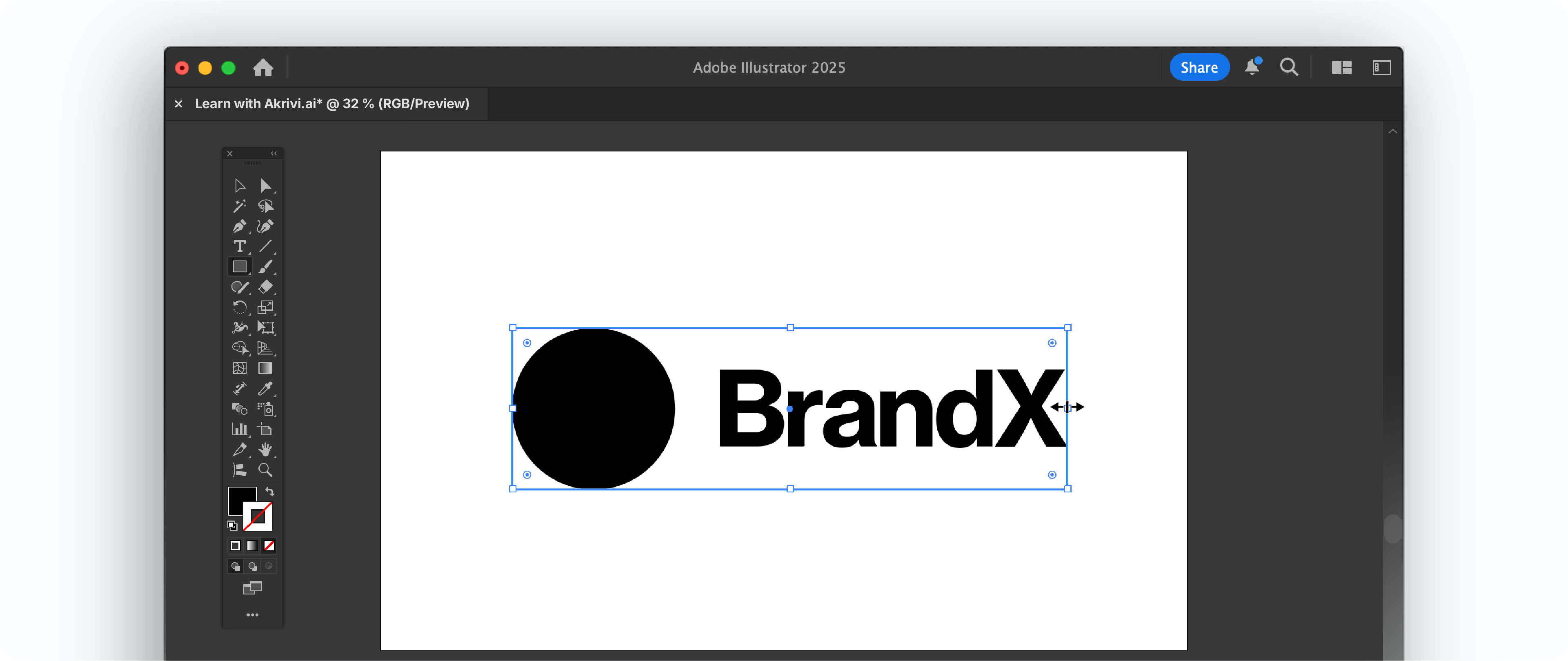The "BrandX" logo selected in Adobe Illustrator with a bounding box, preparing for clearspace definition.