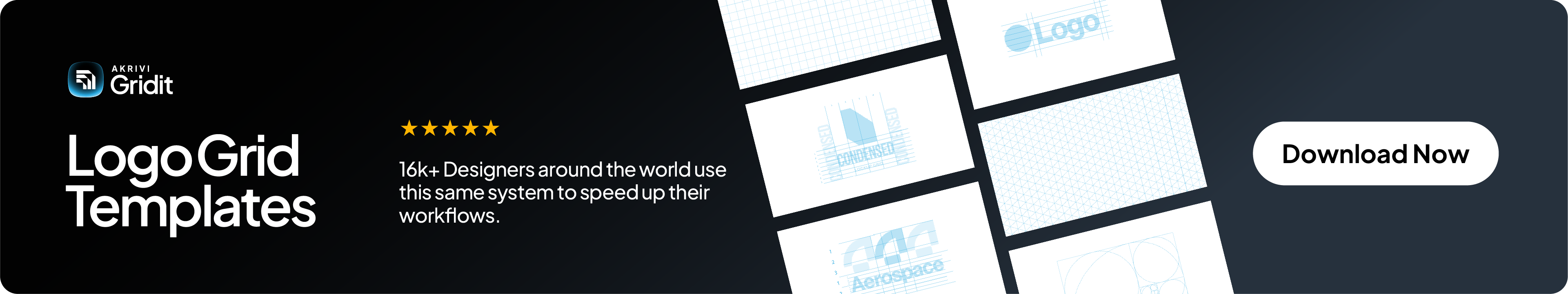 Promotional banner for Akrivi Gridit Logo Grid Templates, showing various grid types, a 5-star rating, and a "Download Now" button.