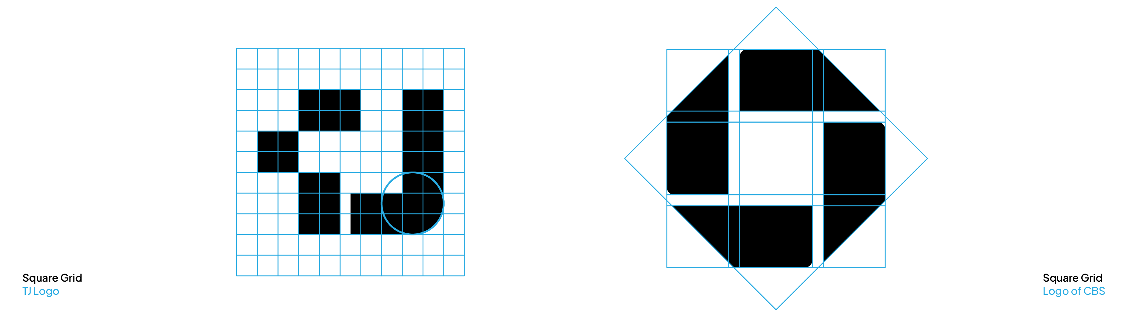 Two examples of logos on a square grid system: the TJ Logo and the Logo of CBS, showing how a square grid guides their geometric construction.