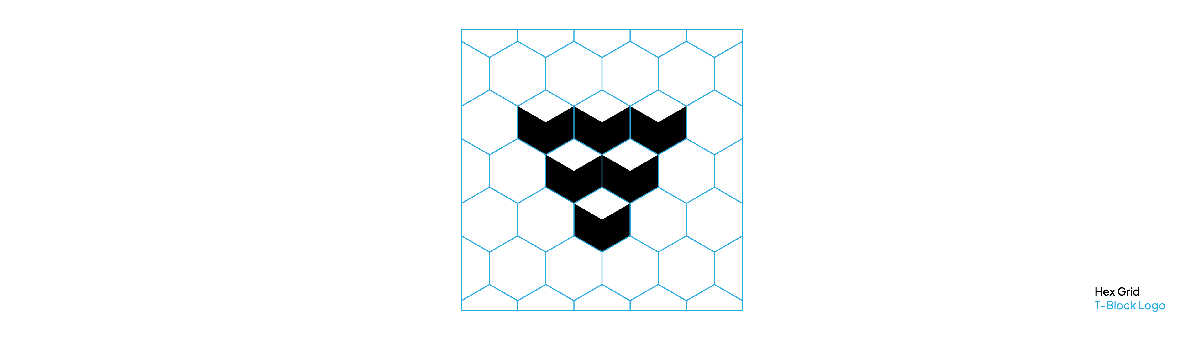 An example of a logo on a hex grid system: the T-Block logo, showing how its modular, geometric shapes are built on a hexagonal base grid.