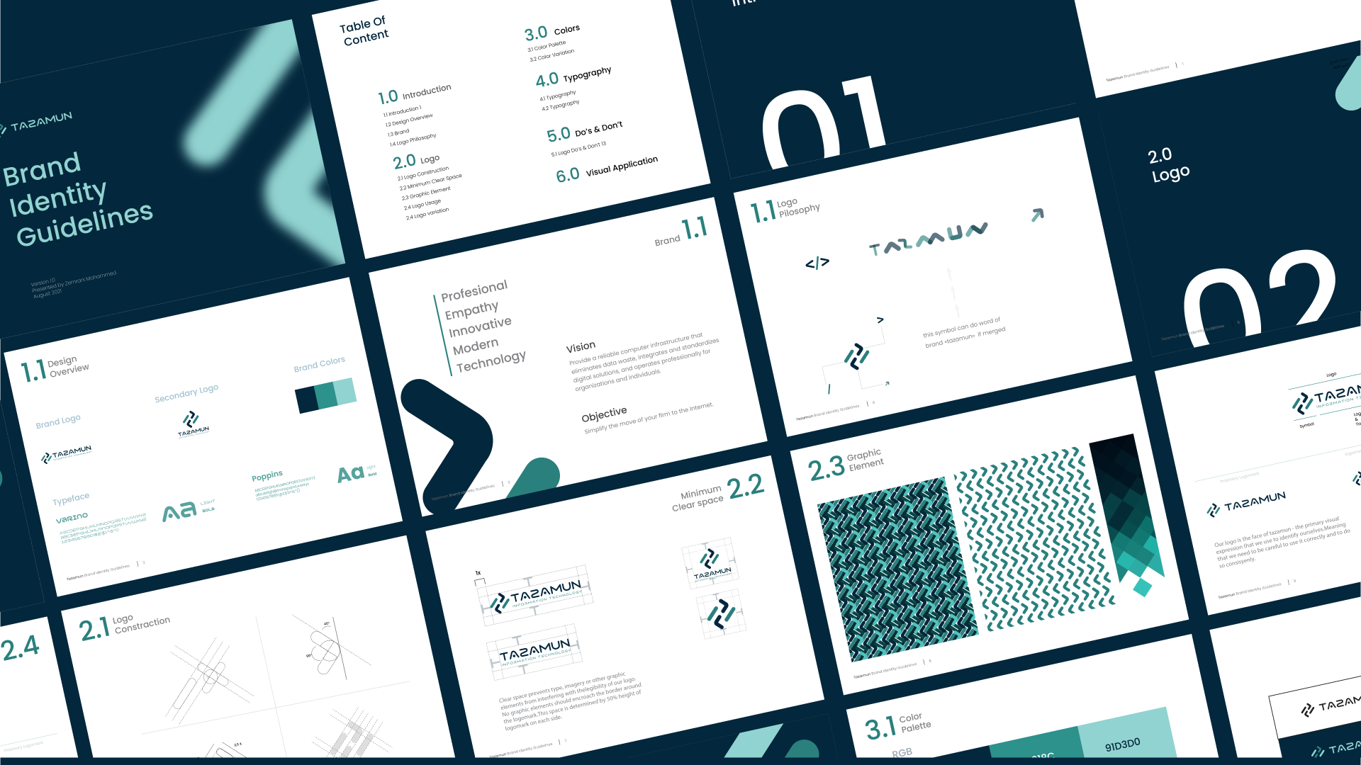 A collage of pages from the 'TAZAMUN' brand identity guidelines, featuring a structured, technical layout with sections for logo construction, clear space, and color palette.