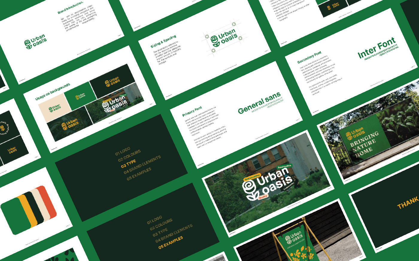 A collage of pages from the 'Urban Oasis' brand guidelines template, showcasing a vibrant, organic design with green tones and real-world mockups.