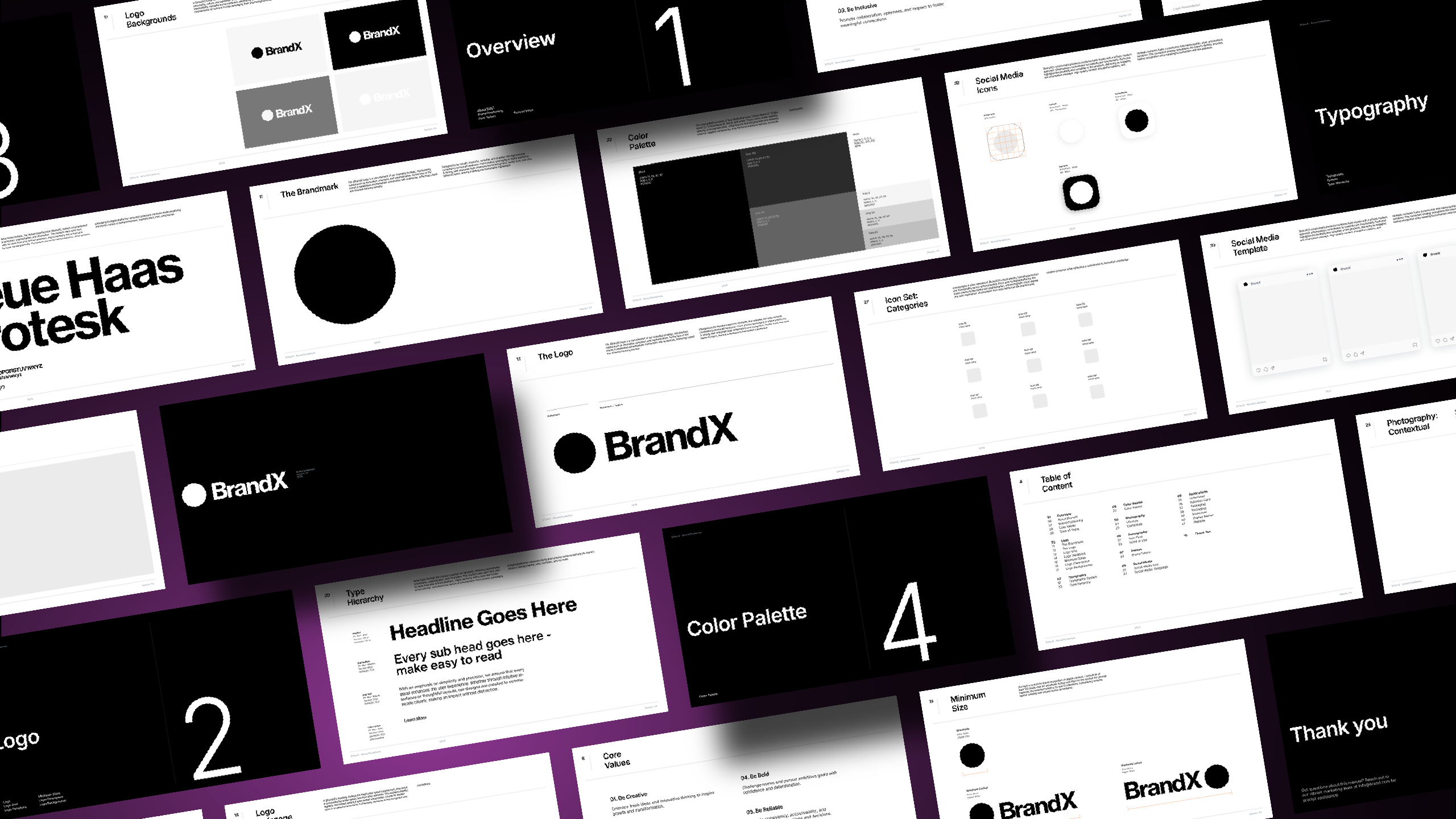 A collage of pages from the Akrivi Brand Guideline Core Kit, showing a professional and structured template with sections for logo usage, color palette, typography, and bento grid overviews.