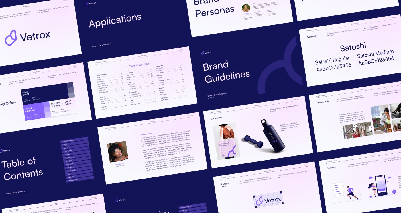 A collage of pages from the 'Vetrox' brand guidelines template, showing a clean, modern layout with purple accents, typography, and logo application examples.
